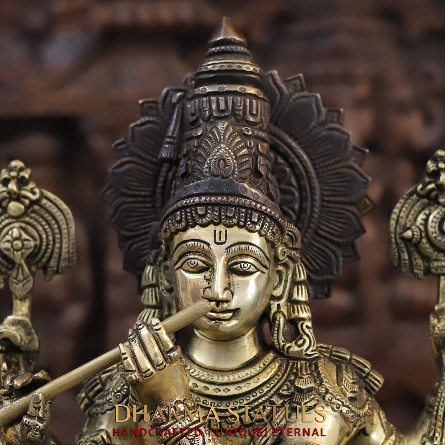 Brass Krishna standing on Pedestal, Copper & Gold Finish, 19"