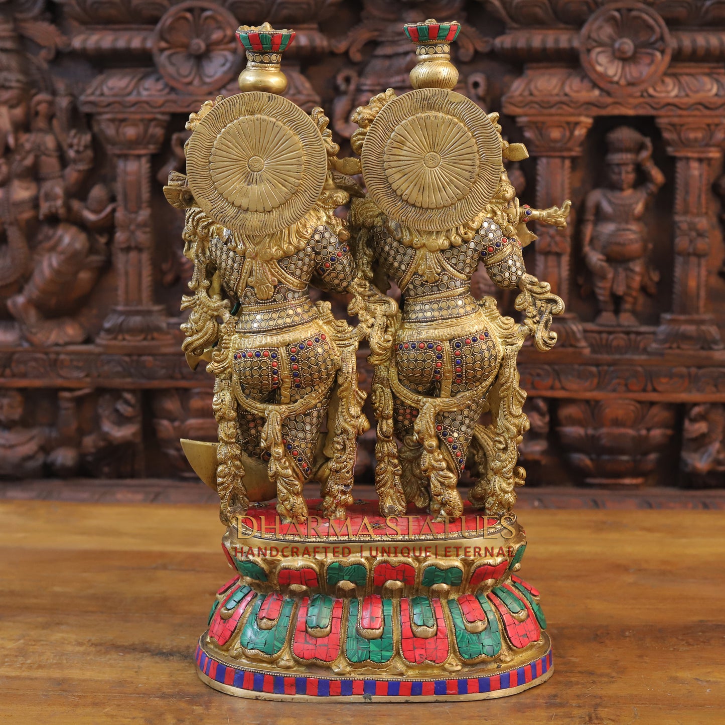 Brass Radha Krishna Statue on Single base, Golden finish & Stonework, 21