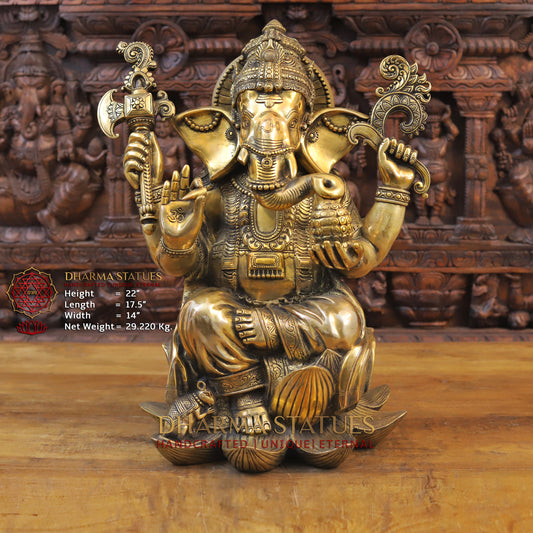 Brass Ganesh seated on Lotus, Blessing Posture,  Fine Golden Finish, 22"
