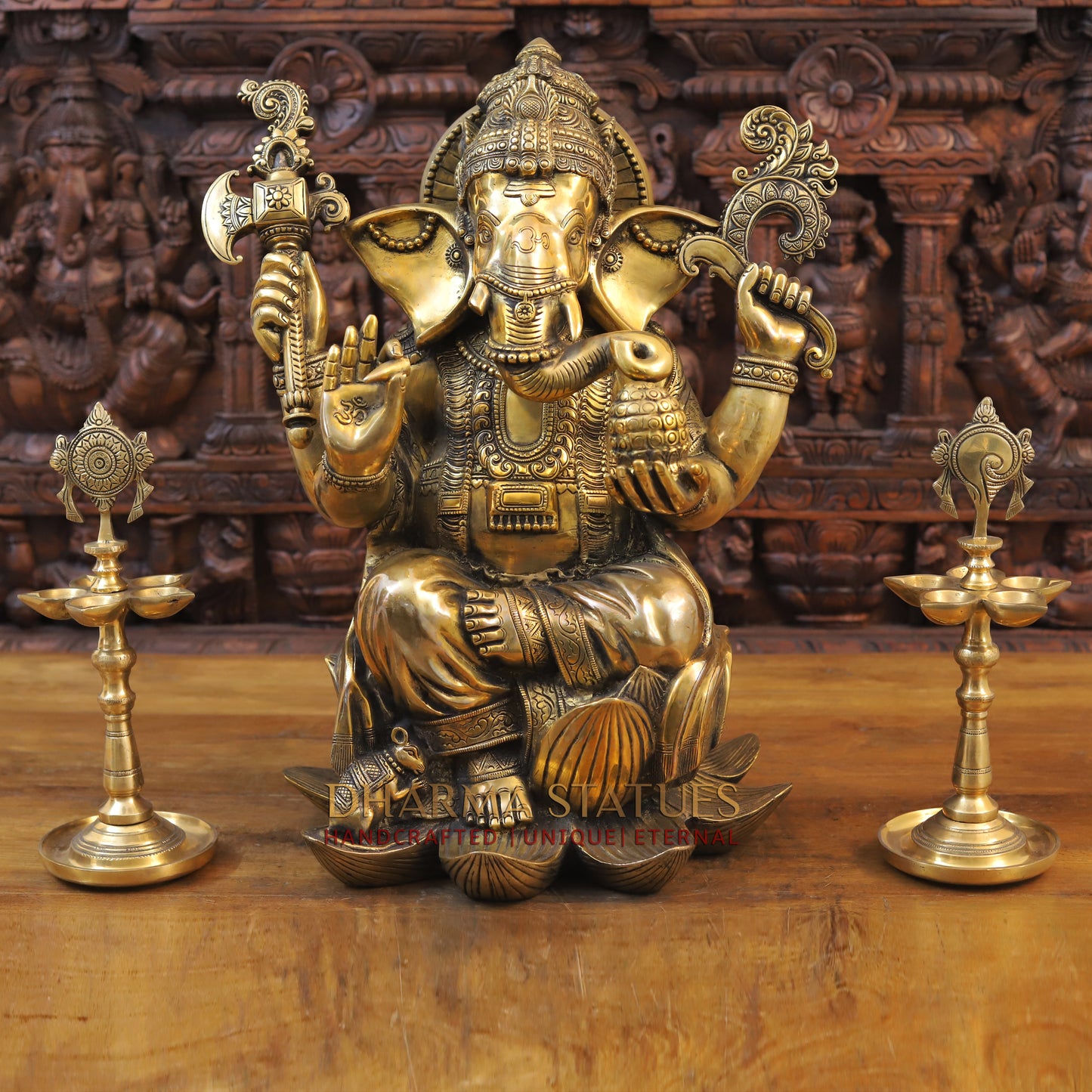 Brass Ganesh seated on Lotus, Blessing Posture,  Fine Golden Finish, 22"