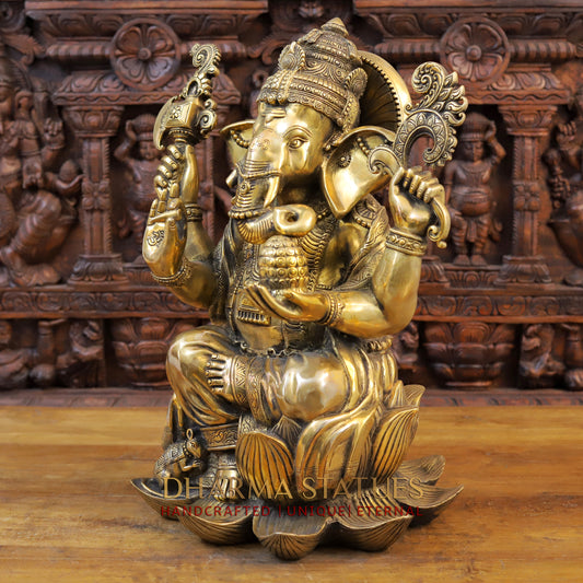 Brass Ganesh seated on Lotus, Blessing Posture,  Fine Golden Finish, 22"