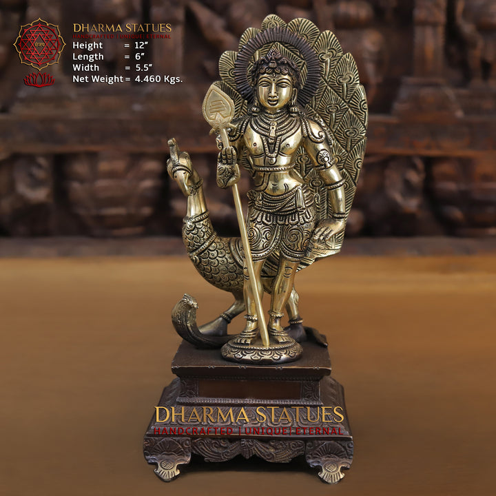 Brass Kartik Standing on Pedestal with Peacock, Copper & Gold Finish, 12"