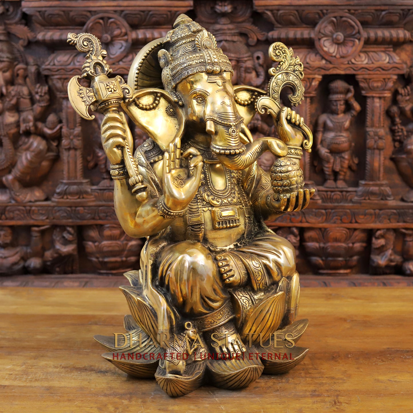 Brass Ganesh seated on Lotus, Blessing Posture,  Fine Golden Finish, 22"
