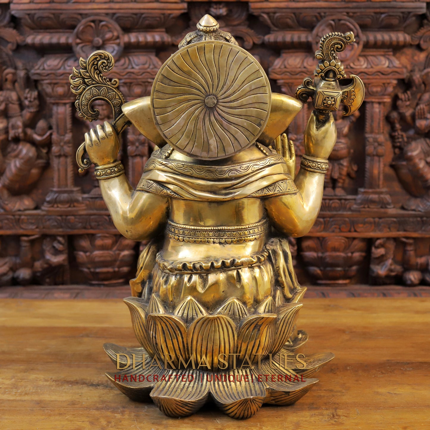 Brass Ganesh seated on Lotus, Blessing Posture,  Fine Golden Finish, 22"