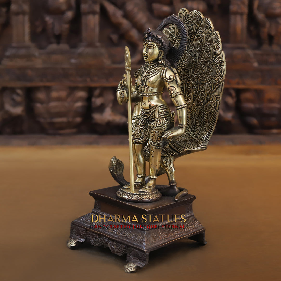 Brass Kartik standing on Pedestal with Peacock, Copper & Gold Finish, 12"