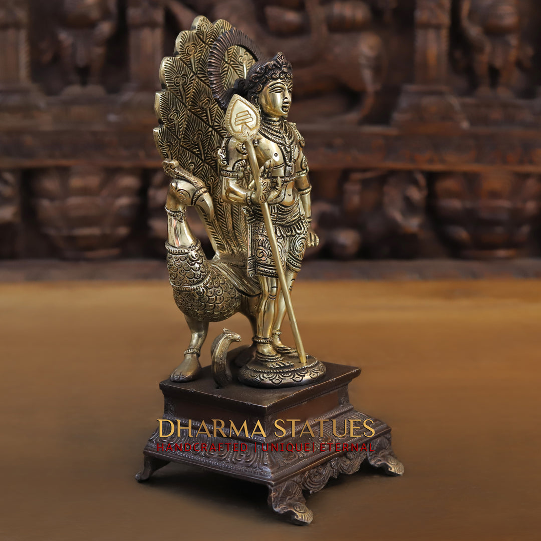 Brass Kartik standing on Pedestal with Peacock, Copper & Gold Finish, 12"