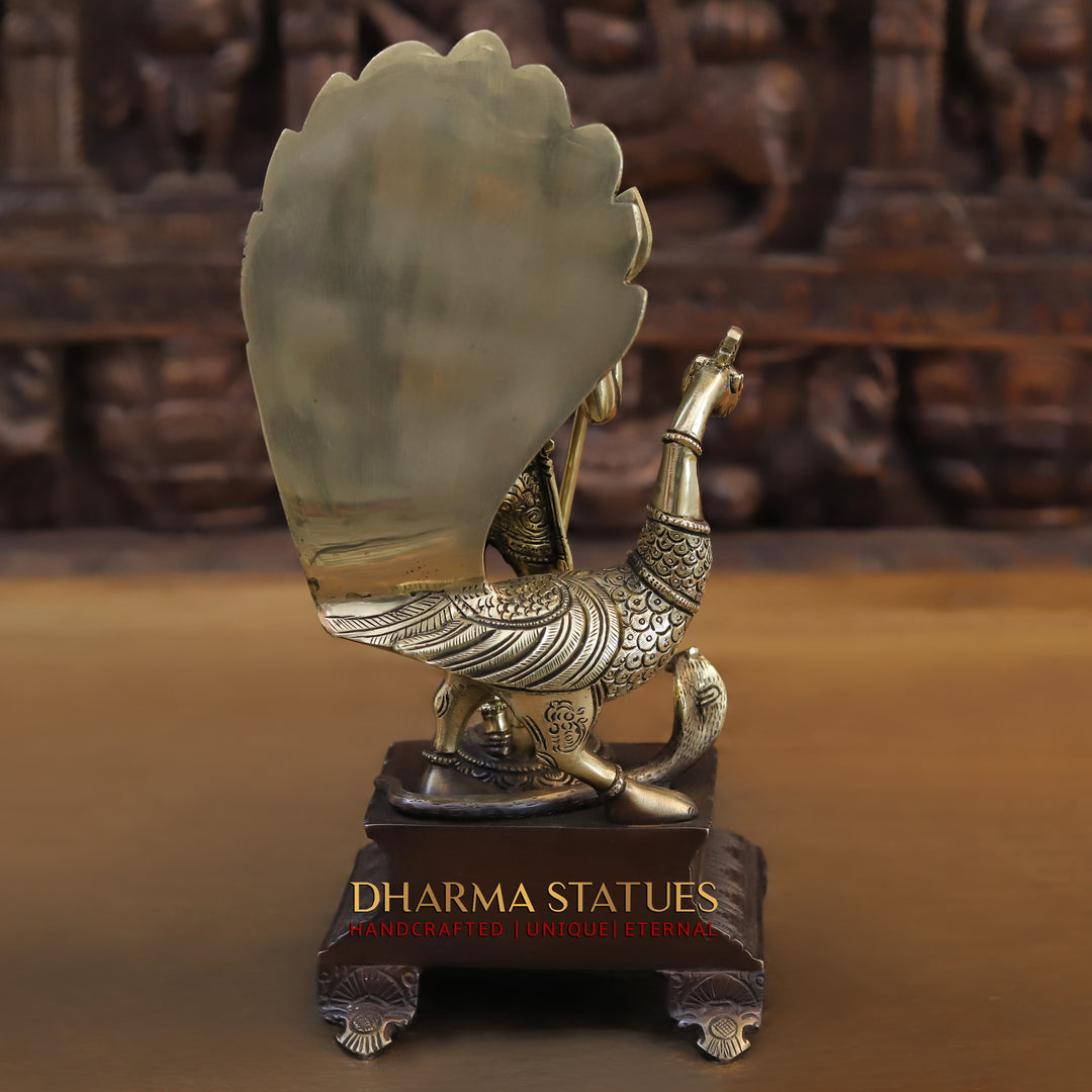 Brass Kartik Standing on Pedestal with Peacock, Copper & Gold Finish, 12"