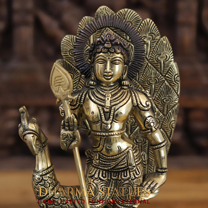 Brass Kartik Standing on Pedestal with Peacock, Copper & Gold Finish, 12"