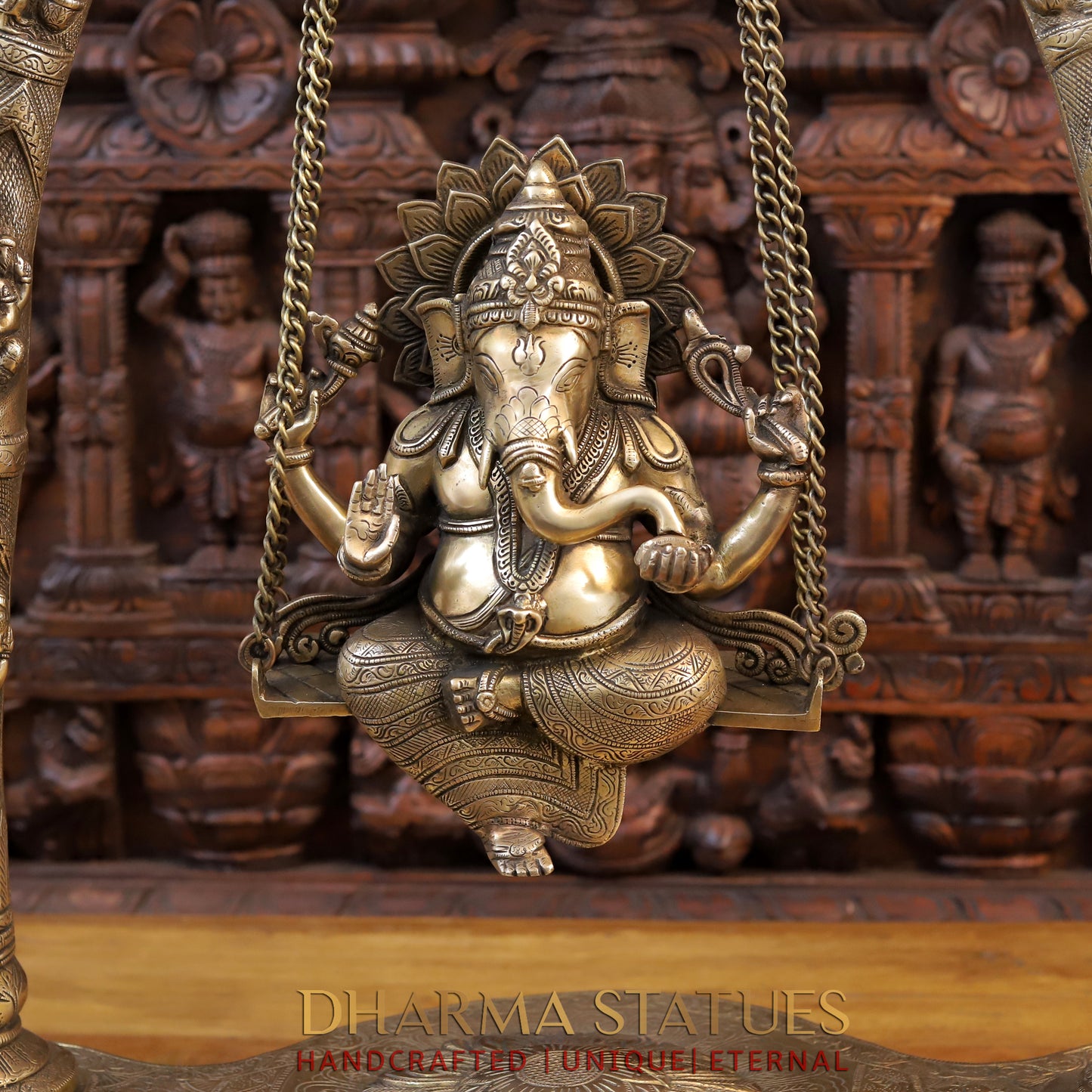 Brass Ganesh on a Swing, Golden Finish, 35"