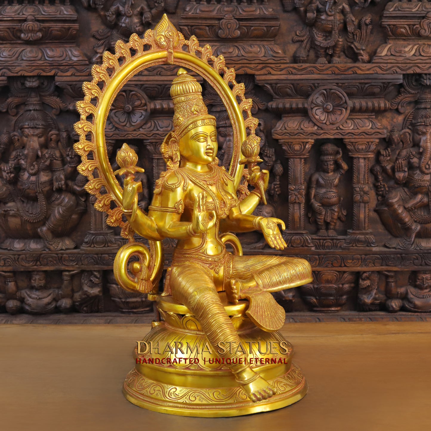 Brass Lakshmi seated with Frame, Fine Golden Finish, 28"