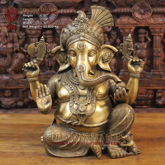 Brass Ganesh seated, Blessing Posture, Golden Finish, 21"