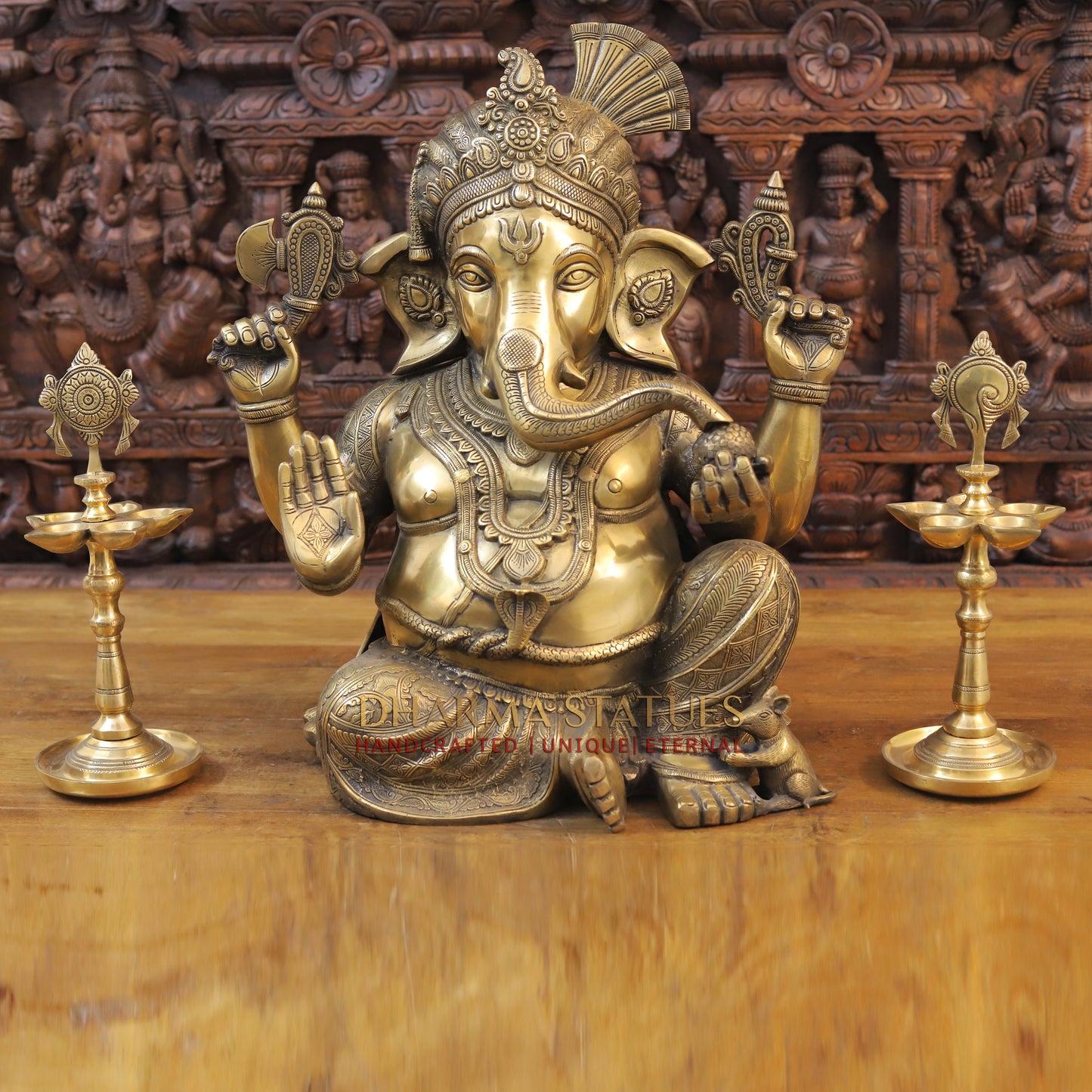 Brass Ganesh seated, Blessing Posture, Golden Finish, 21"