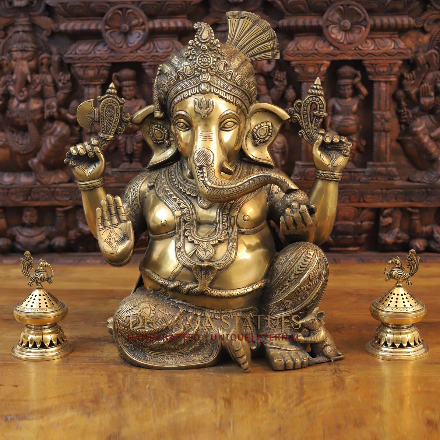 Brass Ganesh seated, Blessing Posture, Golden Finish, 21"