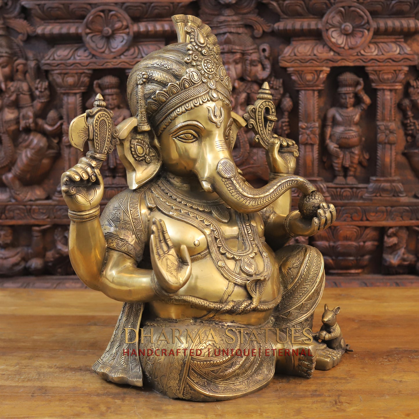 Brass Ganesh seated, Blessing Posture, Golden Finish, 21"