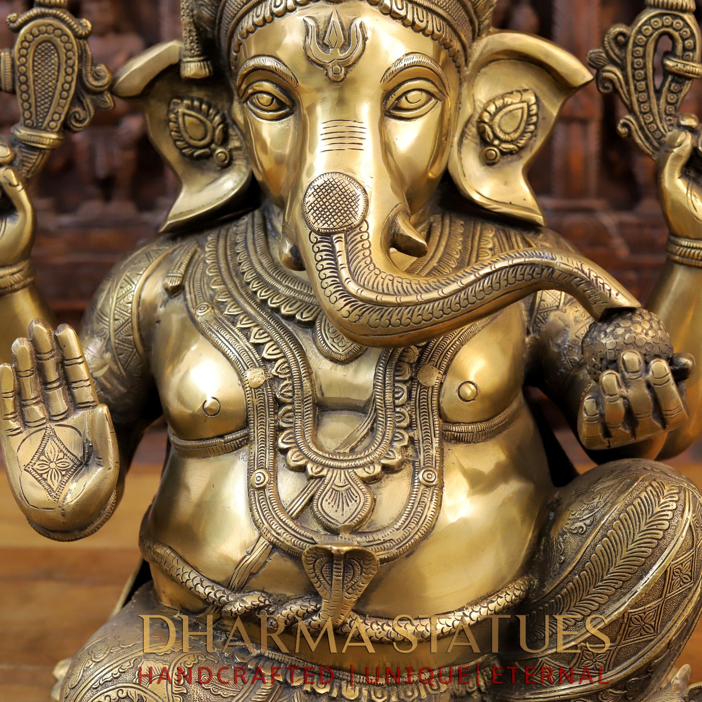 Brass Ganesh seated, Blessing Posture, Golden Finish, 21"