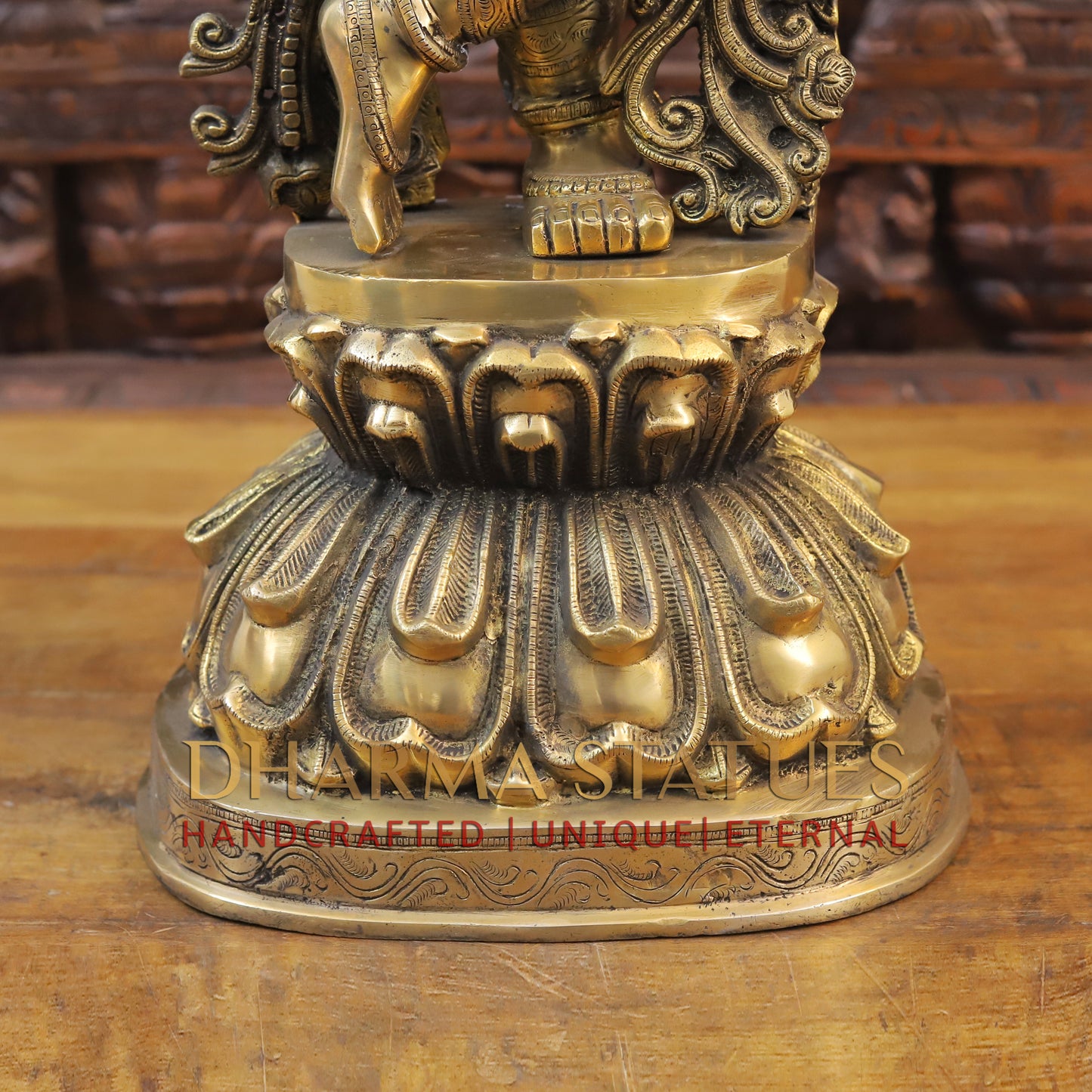 Brass Krishna Playing Flute on Pedestal, Golden Finish, 37"
