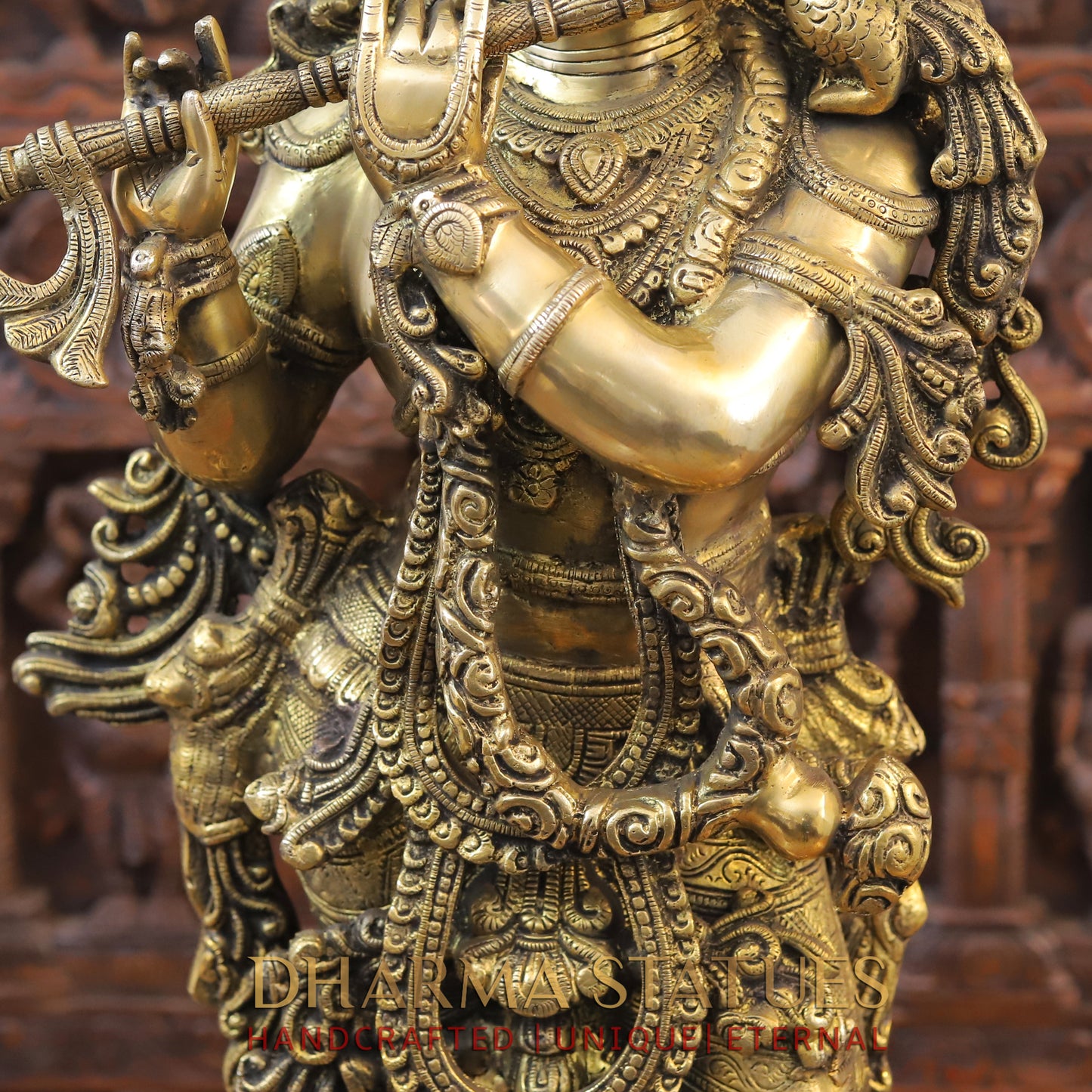 Brass Krishna Playing Flute on Pedestal, Golden Finish, 37"