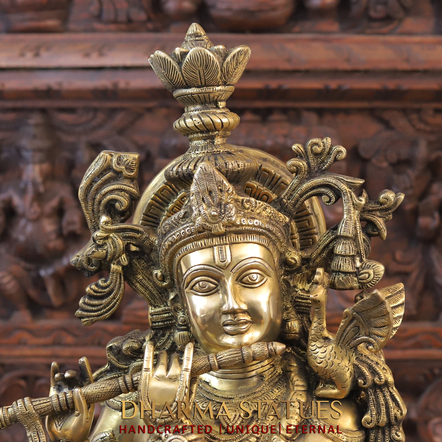 Brass Krishna Playing Flute on Pedestal, Golden Finish, 37"