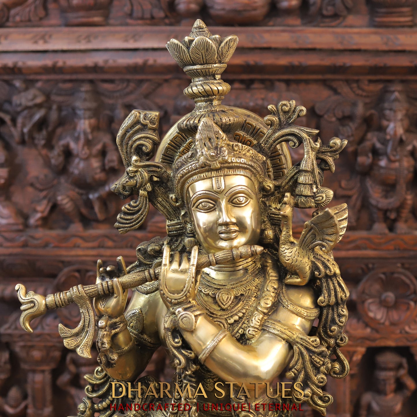 Brass Krishna Playing Flute on Pedestal, Golden Finish, 37"
