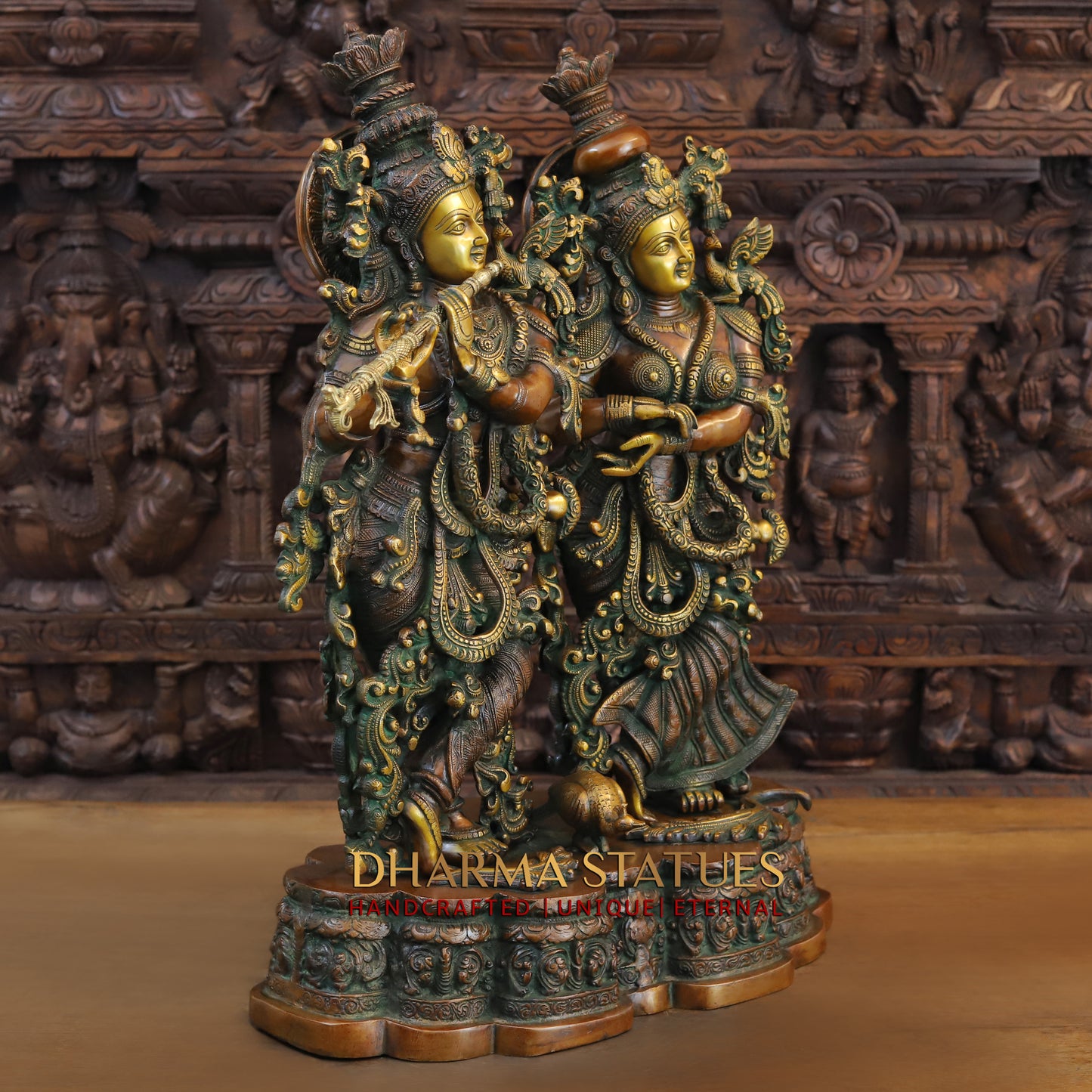 Brass Radha Krishna Statue on Single base, Copper & Golden Finish, 27”