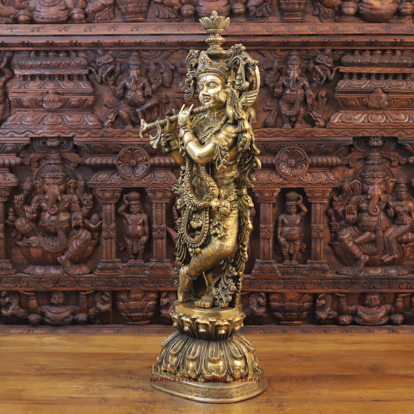 Brass Krishna Playing Flute on Pedestal, Golden Finish, 37"