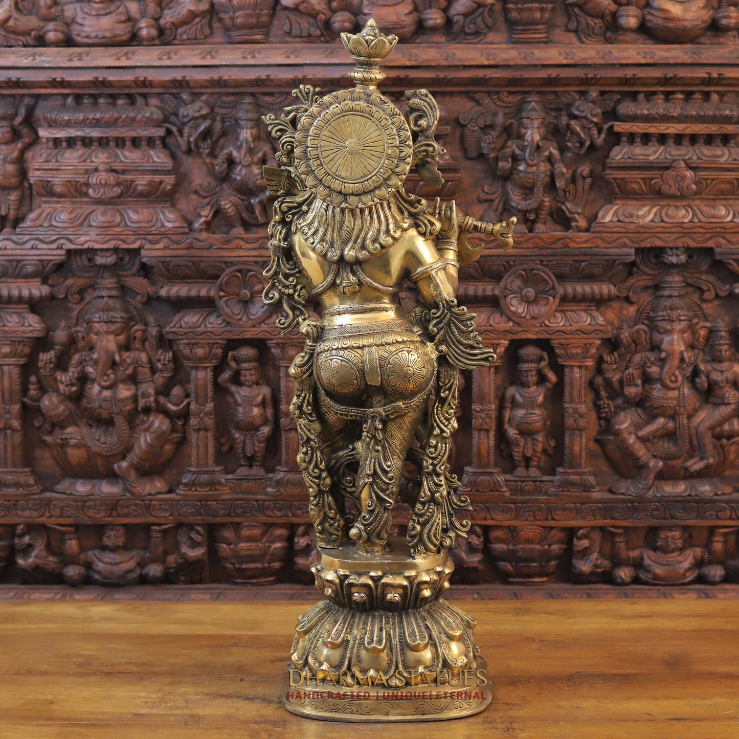 Brass Krishna Playing Flute on Pedestal, Golden Finish, 37"