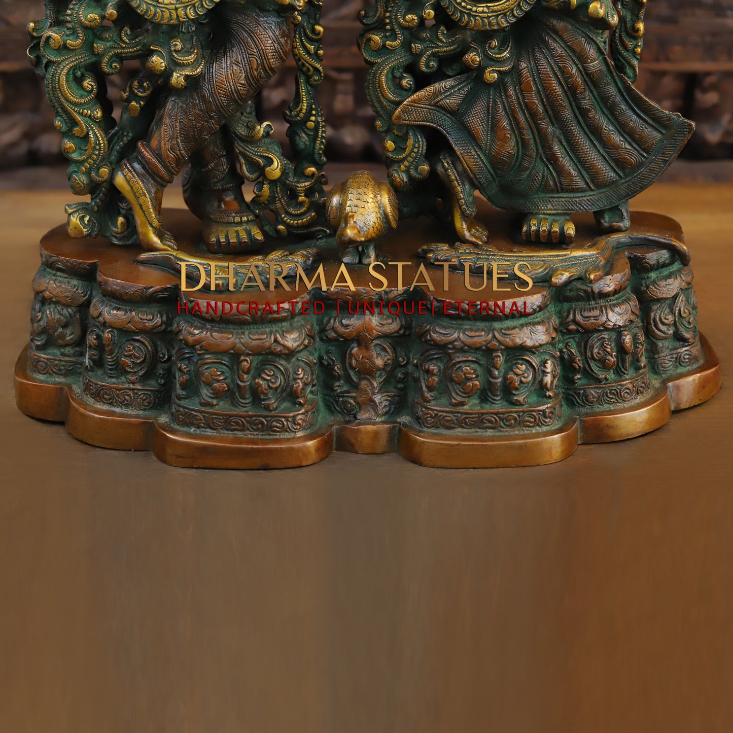 Brass Radha Krishna Statue on Single base, Copper & Golden Finish, 27”