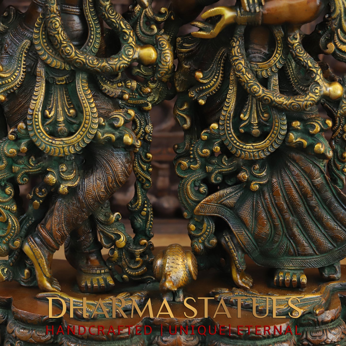 Brass Radha Krishna Statue on Single base, Copper & Golden Finish, 27”