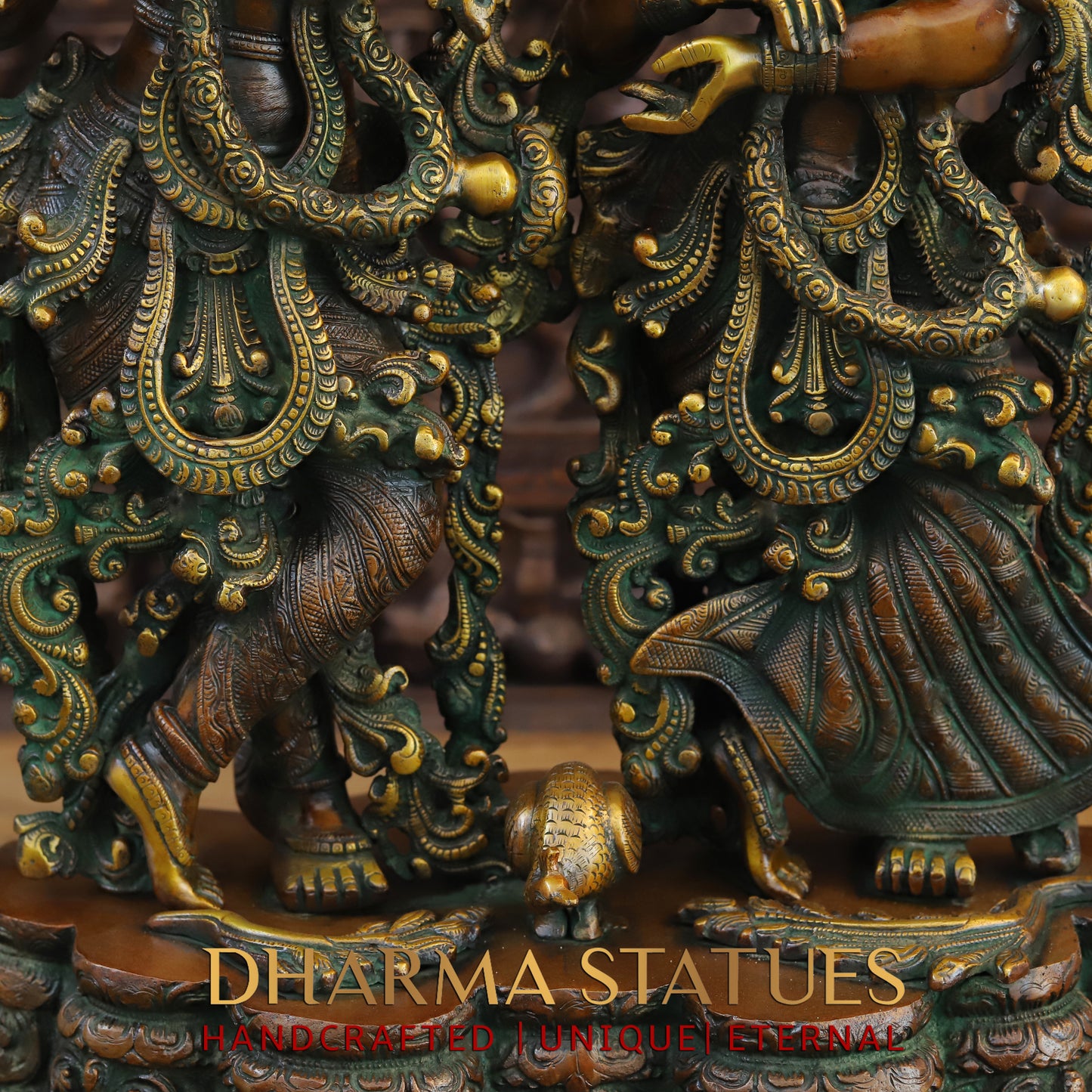 Brass Radha Krishna Statue on Single base, Copper & Golden Finish, 27”
