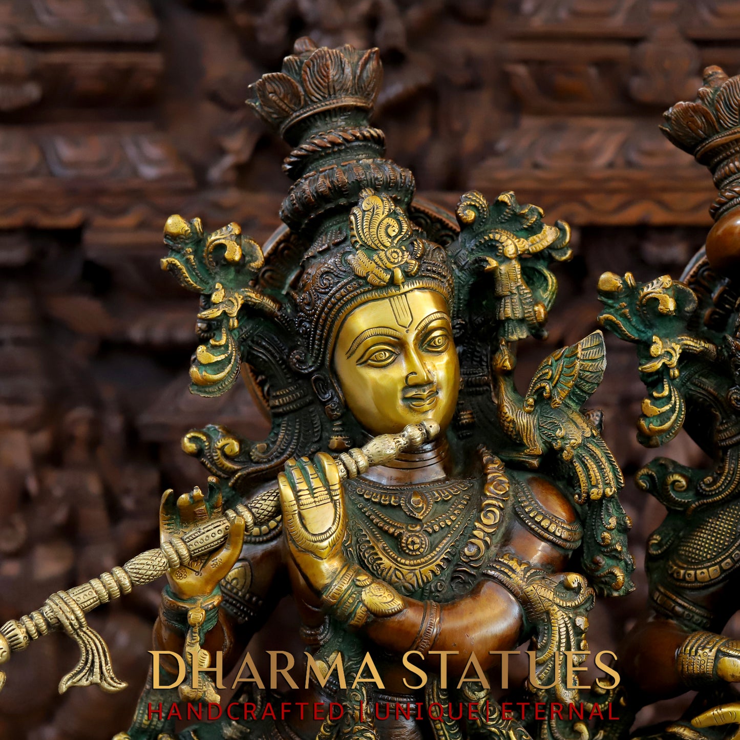 Brass Radha Krishna Statue on Single base, Copper & Golden Finish, 27”