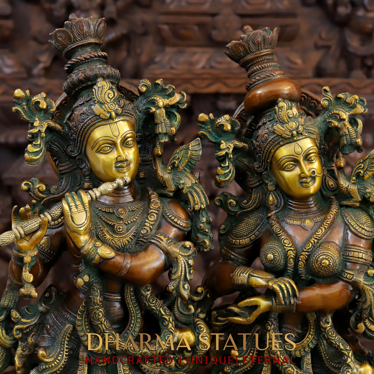 Brass Radha Krishna Statue on Single base, Copper & Golden Finish, 27”