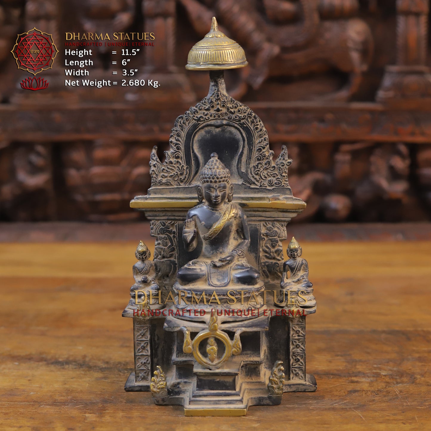 Brass Buddha in Temple, Black Patina & Golden Finish, 11.5"