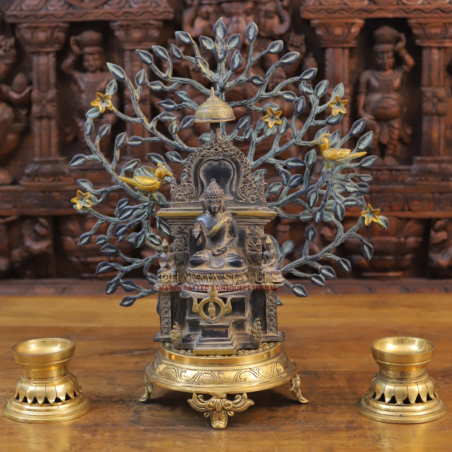 Brass Buddha in Temple, Black Patina & Golden Finish, 11.5"