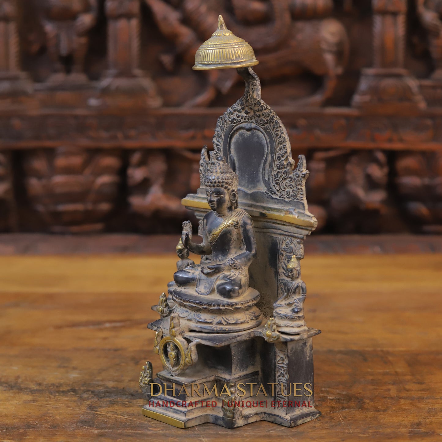 Brass Buddha in Temple, Black Patina & Golden Finish, 11.5"