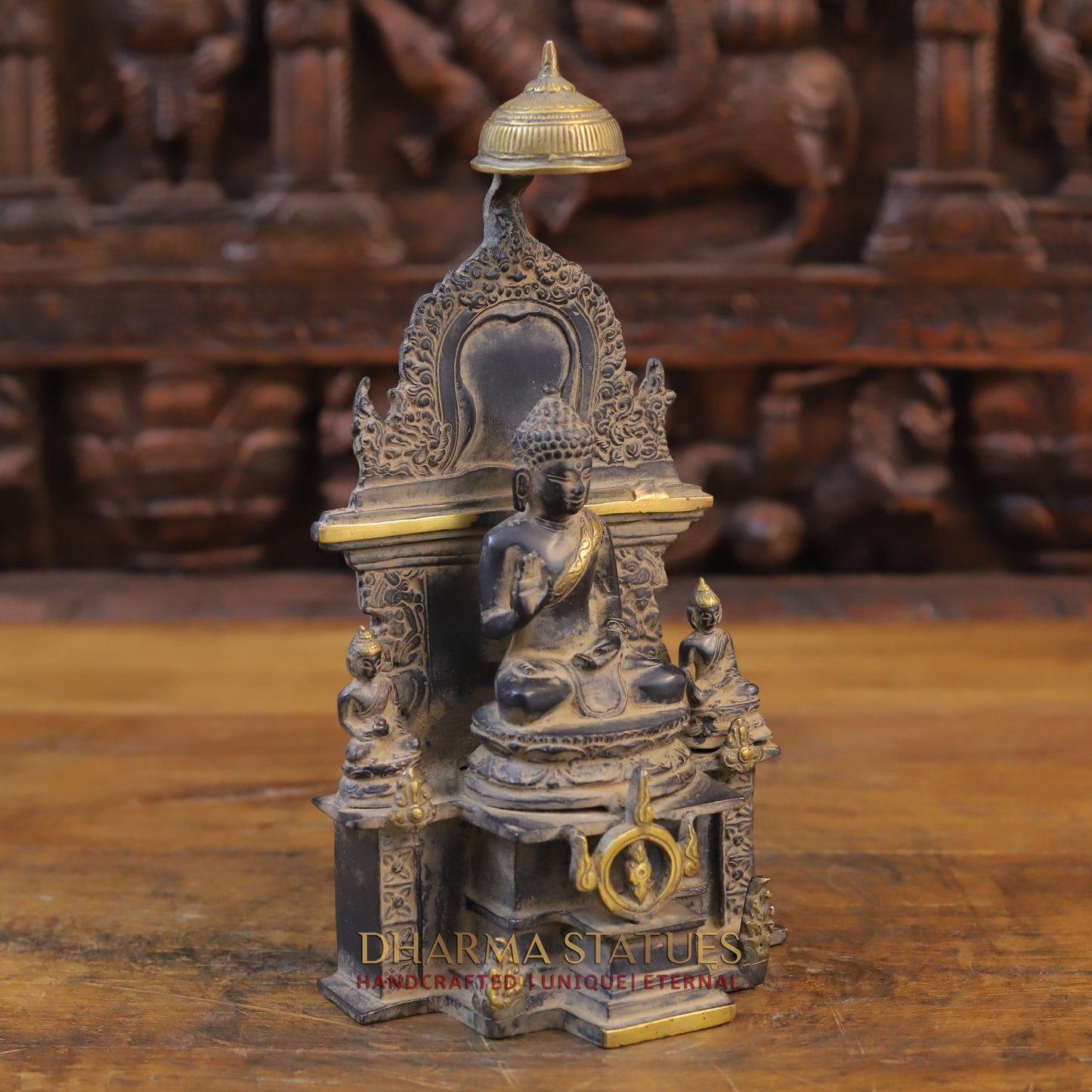 Brass Buddha in Temple, Black Patina & Golden Finish, 11.5"