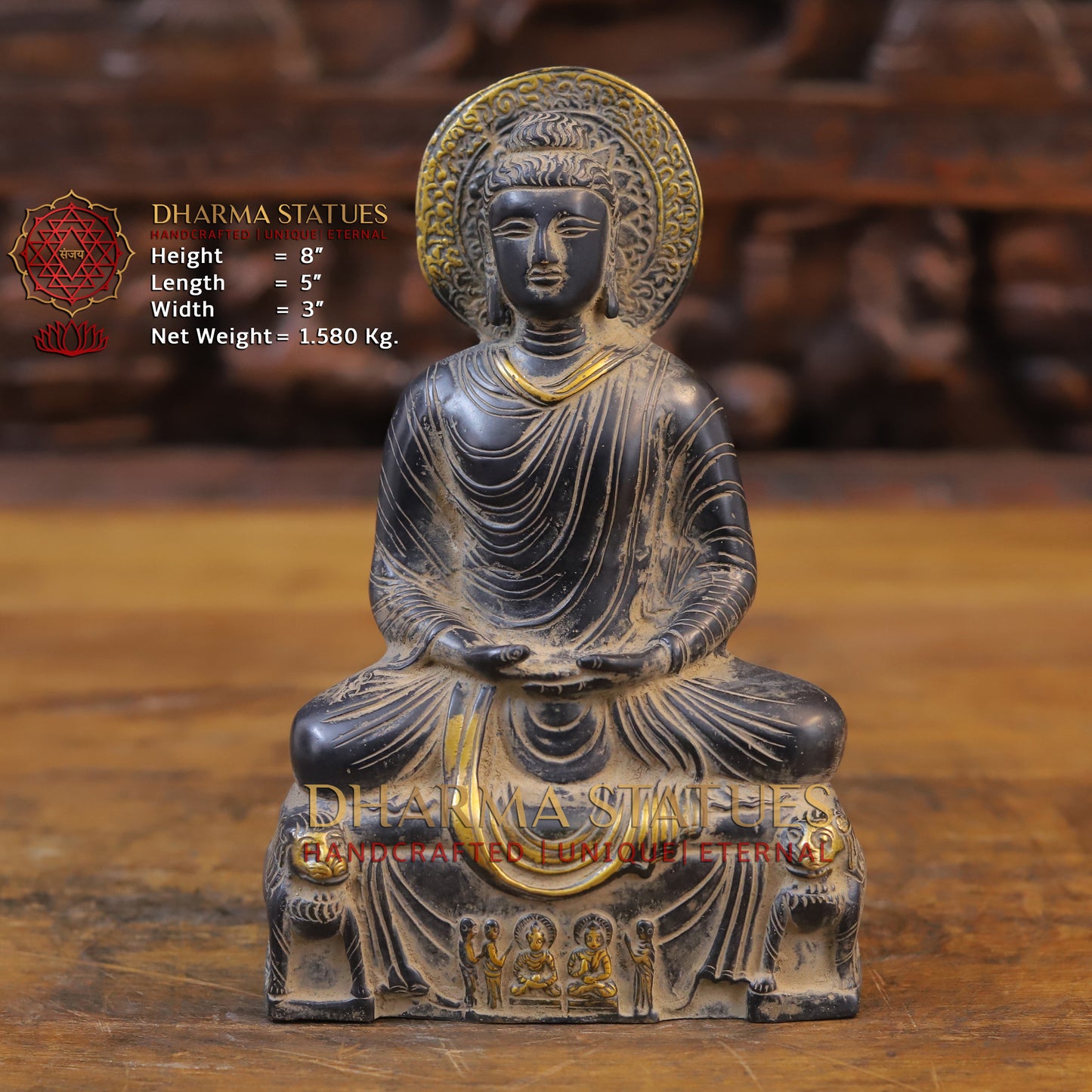 Brass Buddha in Meditation Mudra, Black Patina & Golden Finish, 8"