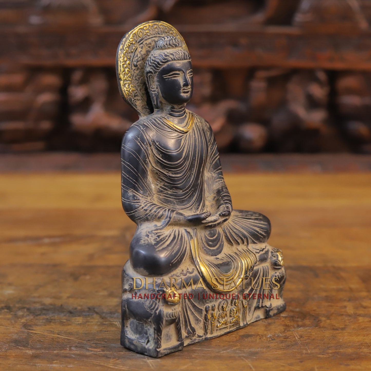Brass Buddha in Meditation Mudra, Black Patina & Golden Finish, 8"