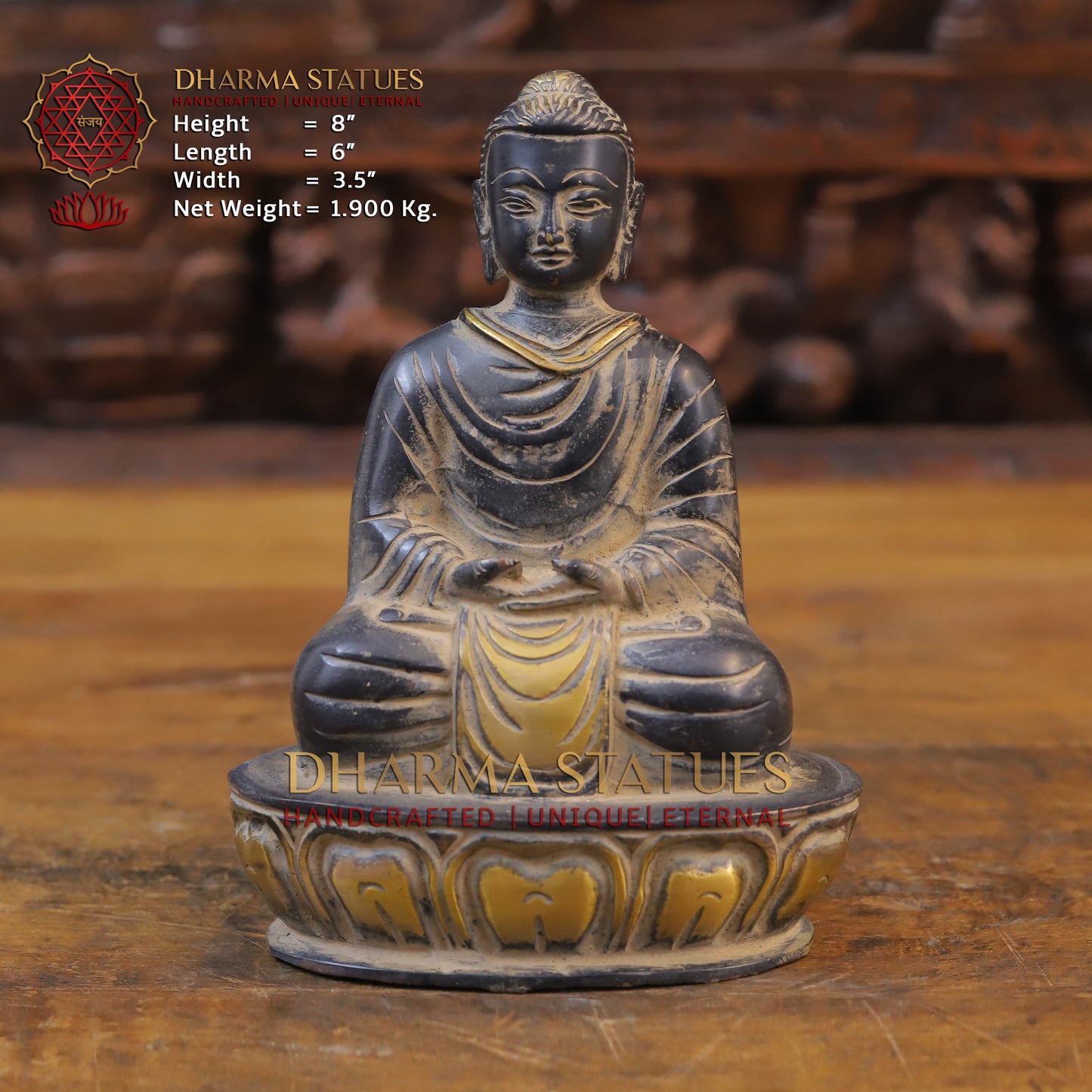 Brass Buddha in Meditation Mudra, Black Patina & Golden Finish, 8"