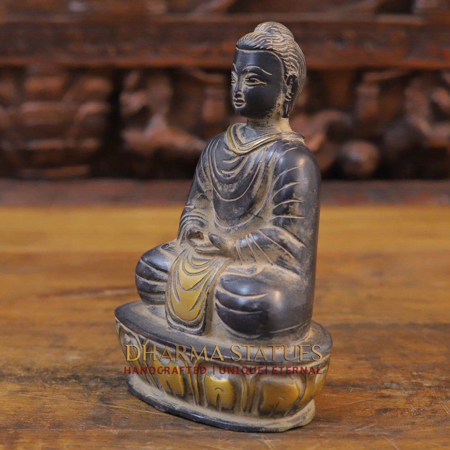 Brass Buddha in Meditation Mudra, Black Patina & Golden Finish, 8"