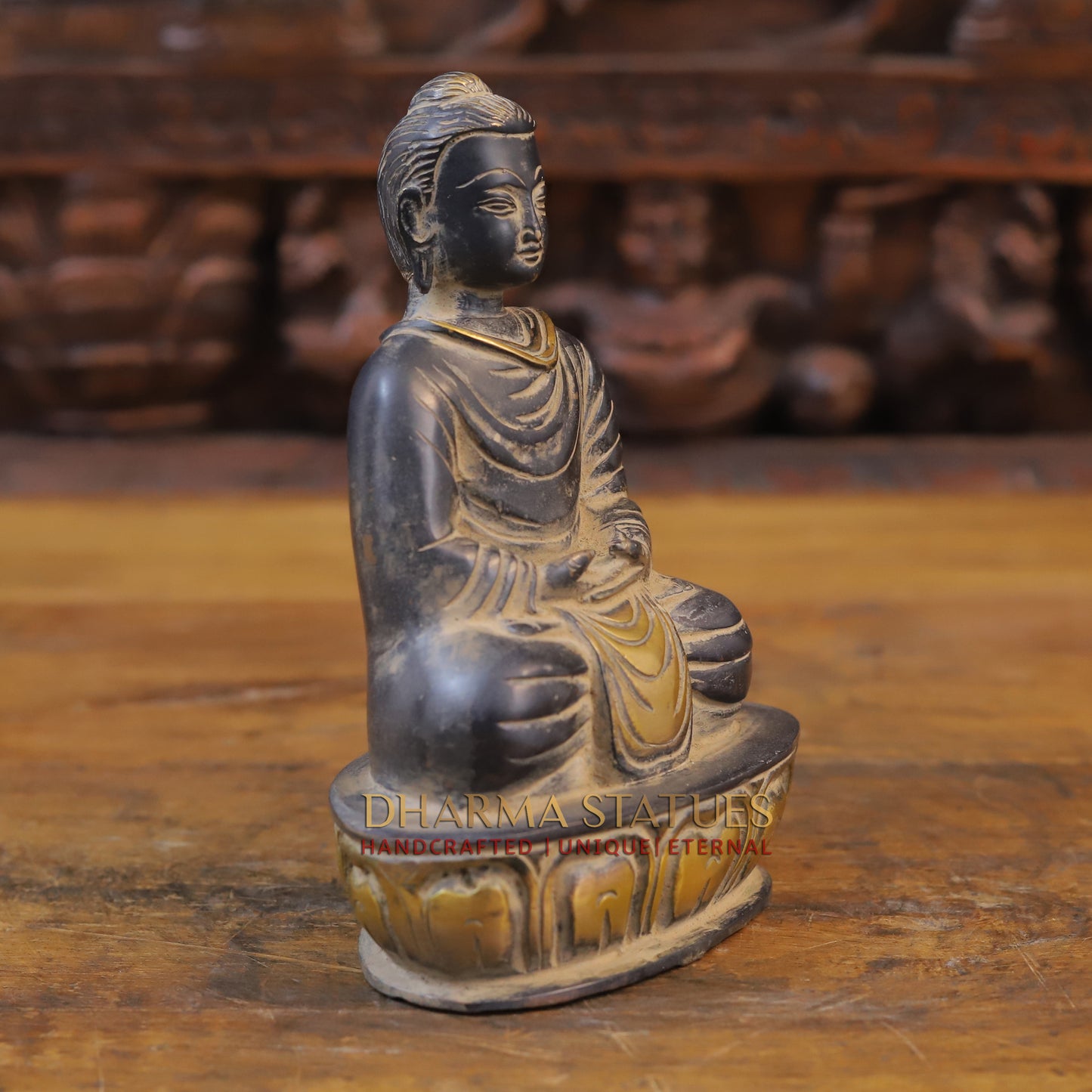 Brass Buddha in Meditation Mudra, Black Patina & Golden Finish, 8"