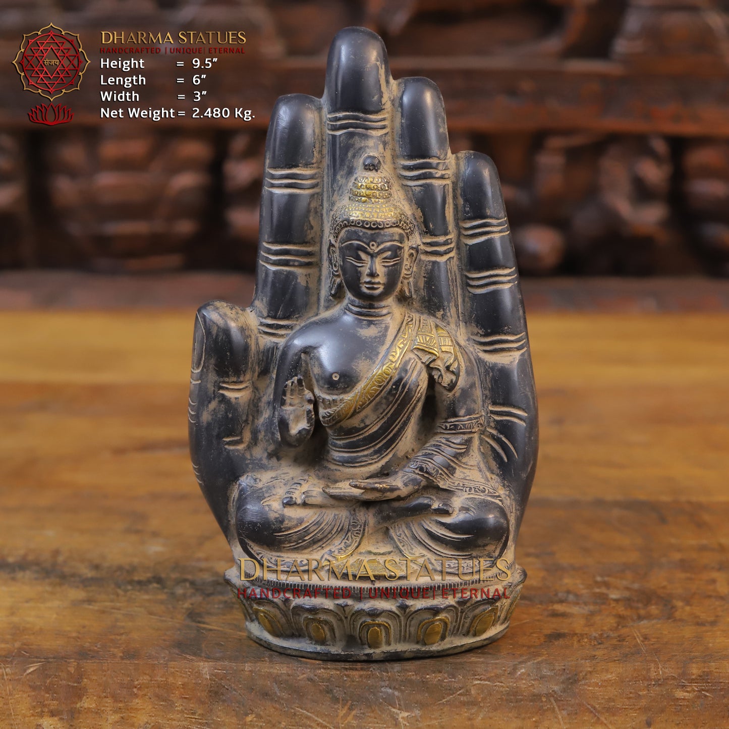Brass Hand Palm Blessing Buddha Statue, Copper & Golden Finish, 9.5"