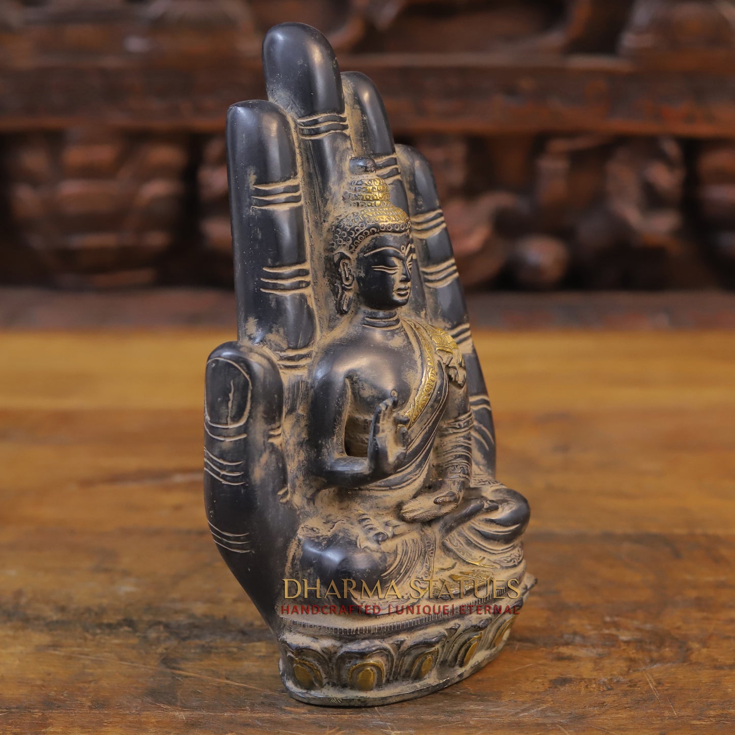 Brass Hand Palm Blessing Buddha Statue, Copper & Golden Finish, 9.5"