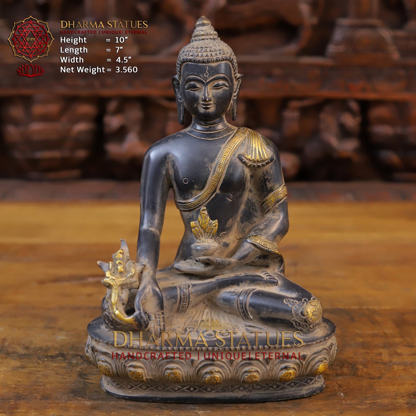 Brass Buddha seated, Black Patina & Golden Finish, 10"