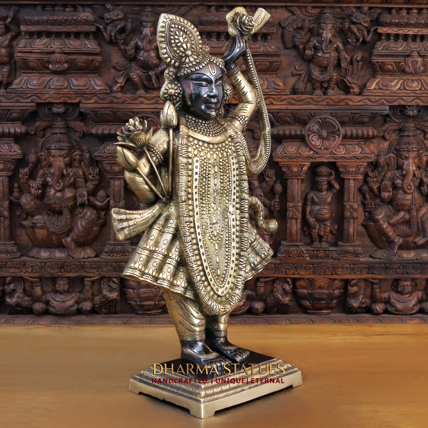 Brass Krishna Standing on Pedestal, Black Patina & Golden Finish, 33"