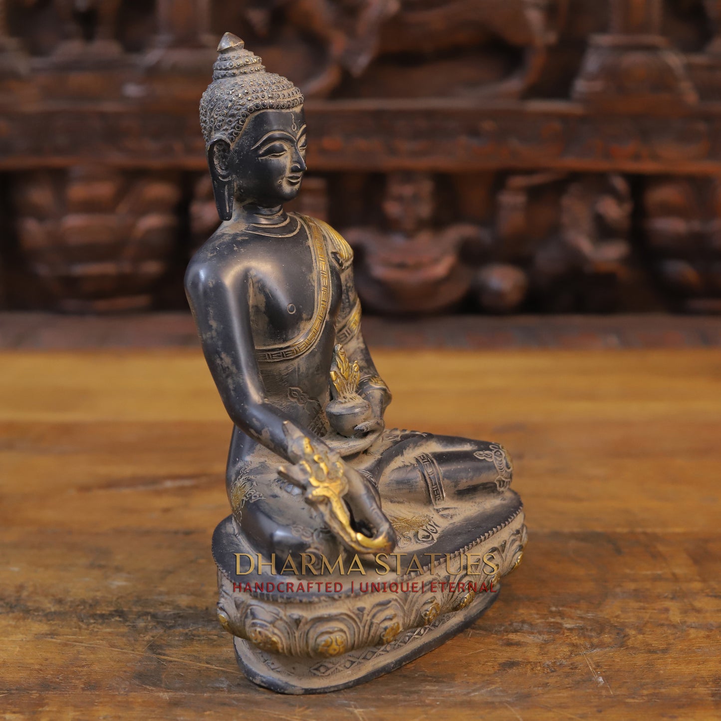 Brass Buddha seated, Black Patina & Golden Finish, 10"