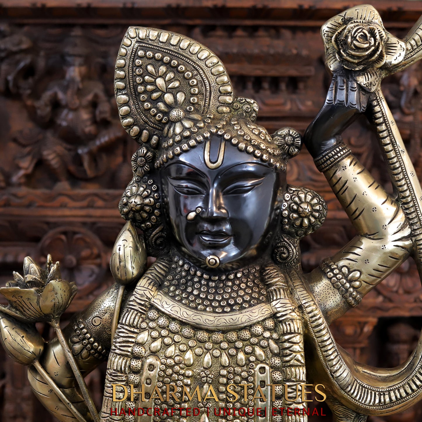 Brass Krishna Standing on Pedestal, Black Patina & Golden Finish, 33"