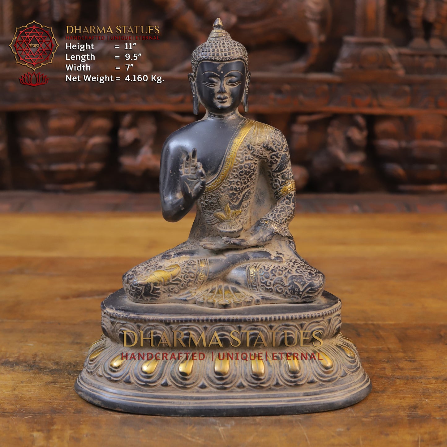 Brass Buddha seated in Blessing Posture, Black Patina & Golden Finish, 11"