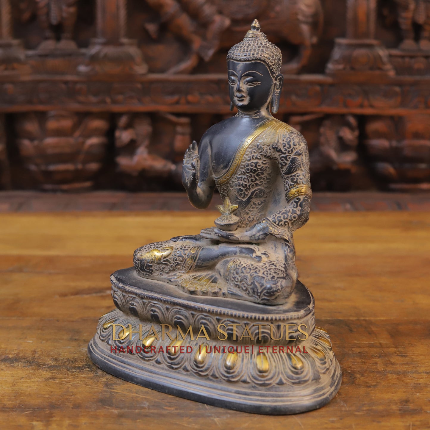 Brass Buddha seated in Blessing Posture, Black Patina & Golden Finish, 11"