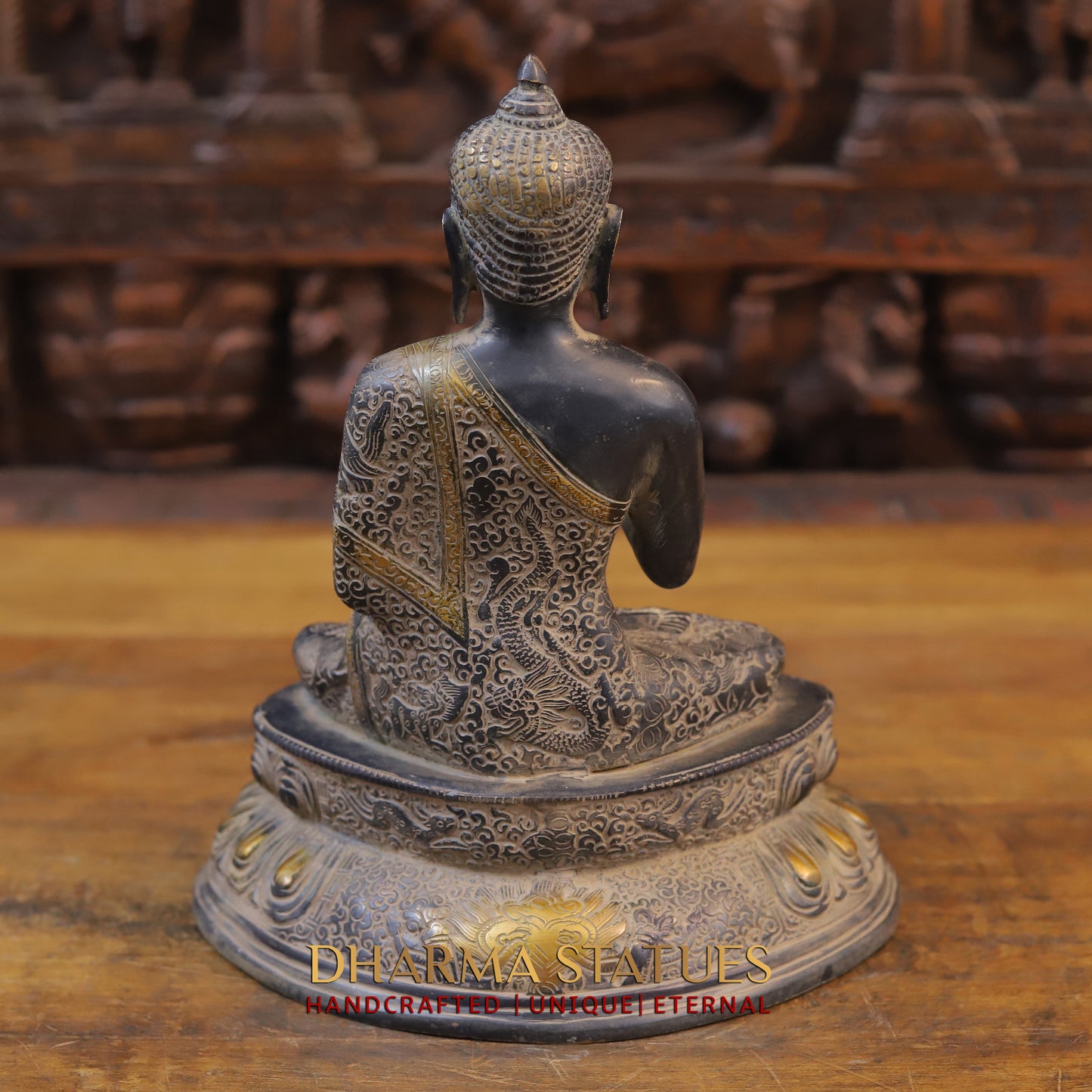 Brass Buddha seated in Blessing Posture, Black Patina & Golden Finish, 11"