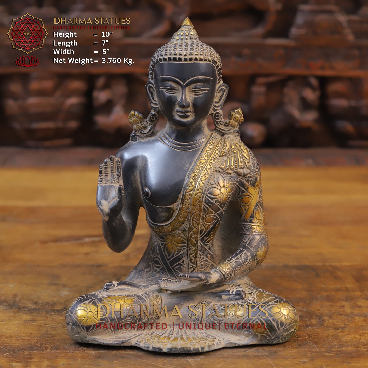 Brass Buddha seated in Blessing Posture, Black Patina & Golden Finish, 10"
